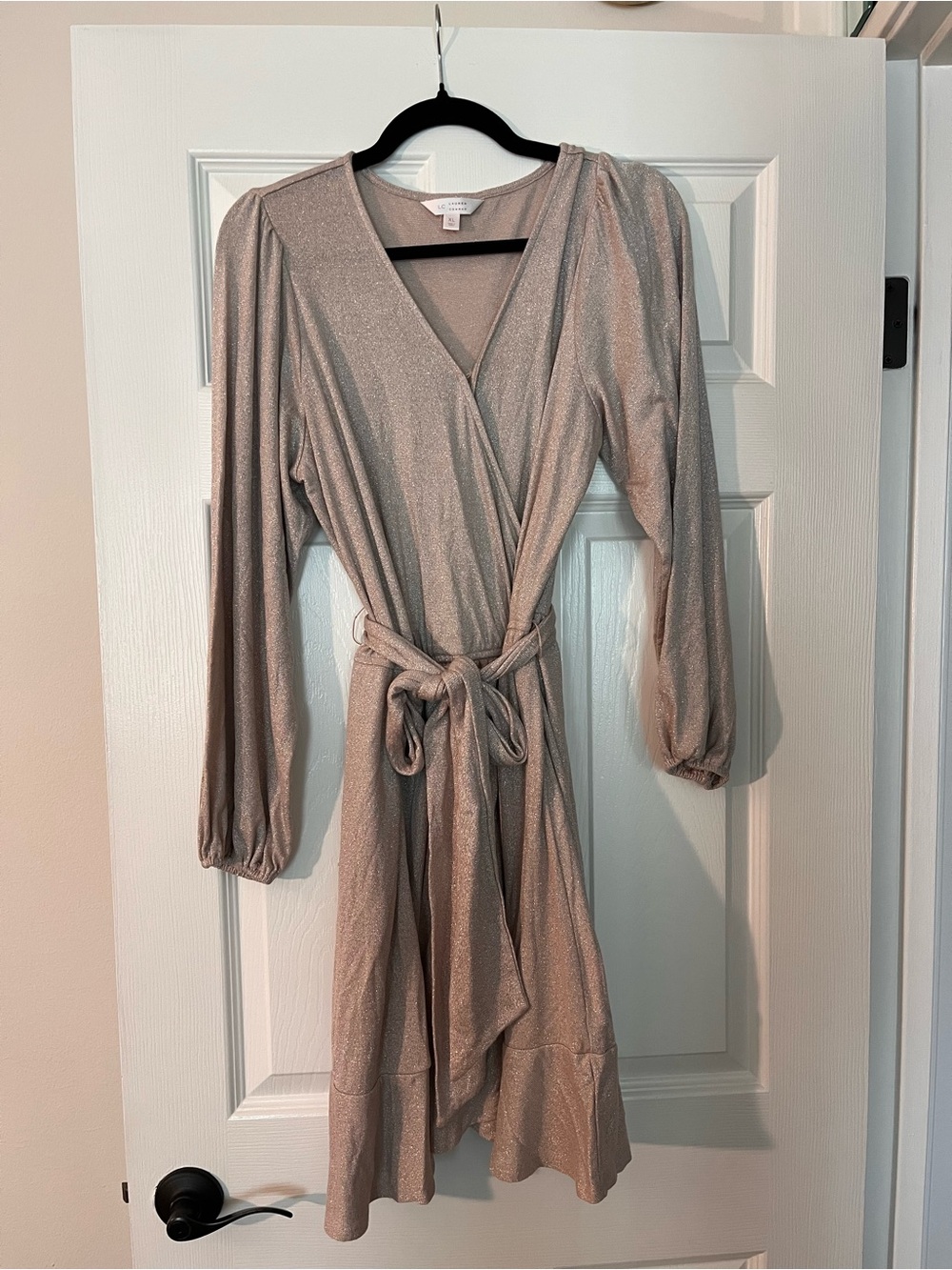 LC Lauren Conrad Shimmery Taupe Long-Sleeve Wrap Dress with Tie